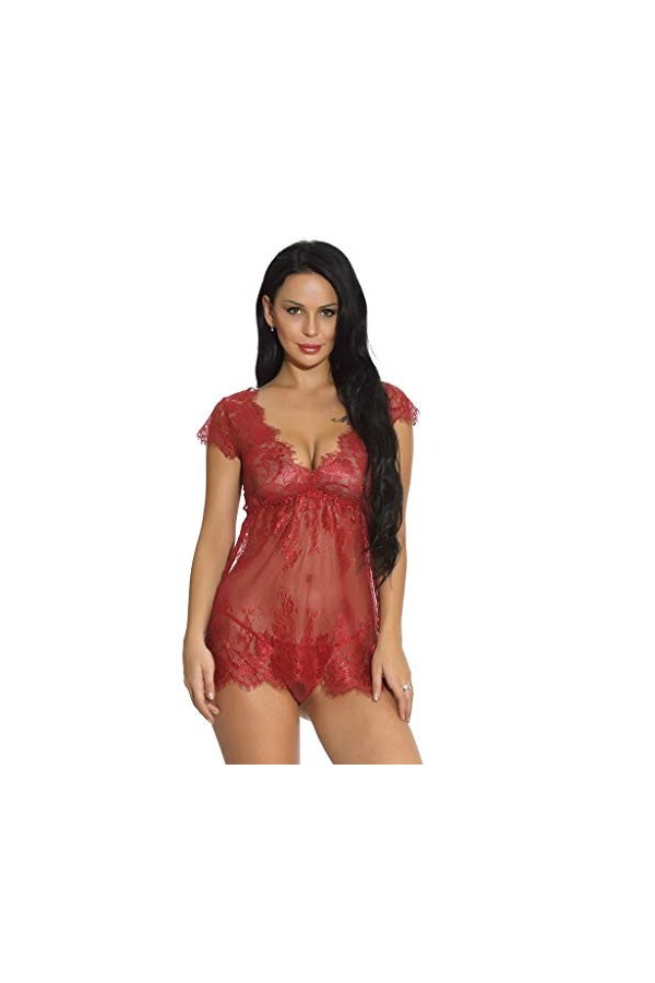 PANPANY Femmes Sexy Girl Cute V-Cou Dentelle Lingerie sous-Vêtements Sleepdress avec G-String Déguisement Sexy Wine Red, S 