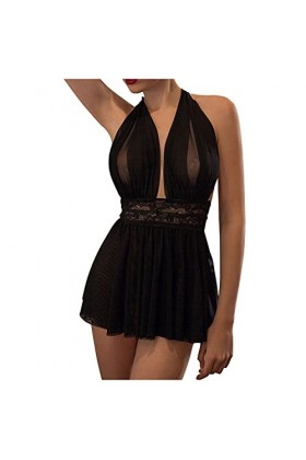 PANPANY Halter Backless Femmes Dentelle sous-vêtements Robe Transparente Sexy Pyjama Lingerie Lingerie Sexy Grande Taille Bl