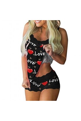 DUHGBNE Femmes Saint-Valentin imprimé pyjama sans manches dentelle lingerie sexy ensemble noir, Noir , XL