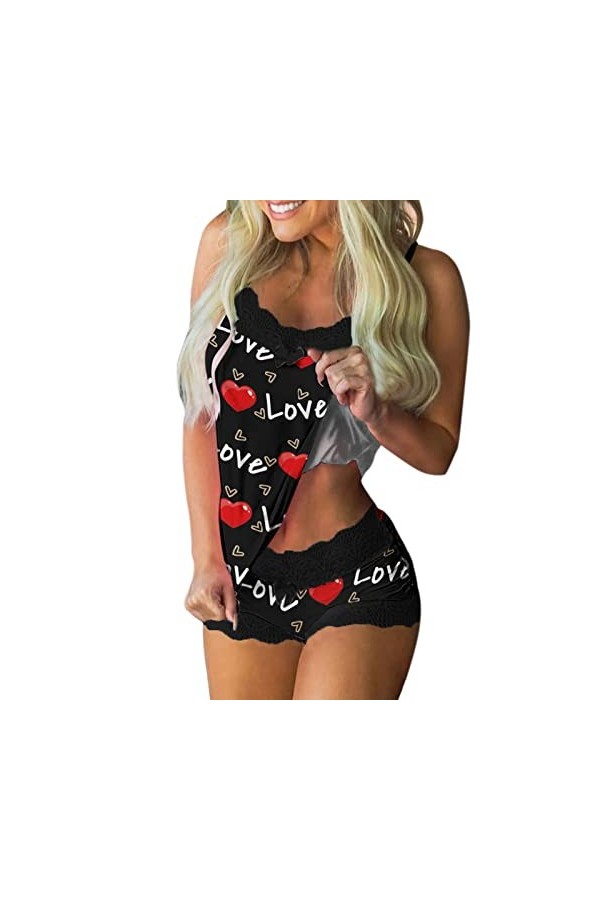 DUHGBNE Femmes Saint-Valentin imprimé pyjama sans manches dentelle lingerie sexy ensemble noir, Noir , XL