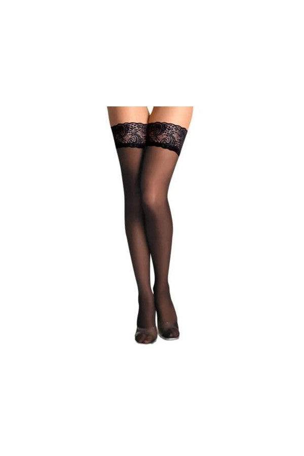 SEXY EMPORIUM Bas de luxe en dentelle noire pour femme - Porte-jarretelles pour porte-jarretelles, Noir brillant 15 deniers, 