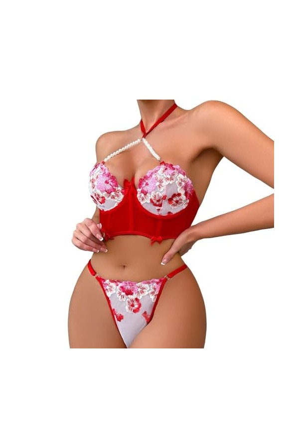 Ensemble Lingerie Feminine Sexy, Ensemble de Lingerie Sexy pour Femme avec Porte Jarretelles Soutien Gorge et Culotte en Mail