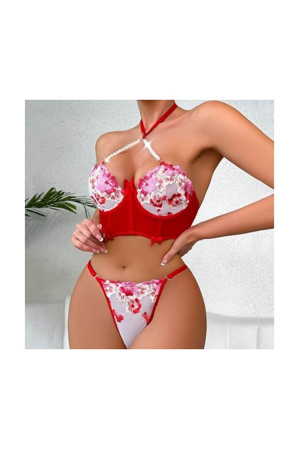 Ensemble Lingerie Feminine Sexy, Ensemble de Lingerie Sexy pour Femme avec Porte Jarretelles Soutien Gorge et Culotte en Mail