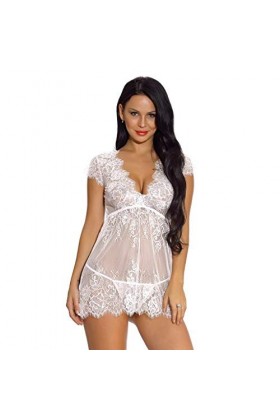 PANPANY Femmes Sexy Girl Cute V-Cou Dentelle Lingerie sous-Vêtements Sleepdress avec G-String Déguisement Sexy White, L 