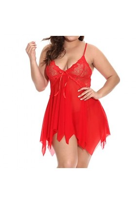 PANPANY Lingerie Maillage sous-vêtements Dentelle Femmes Taille Plus V col Pyjama Mode Débardeur Training Red, XXXXXL 