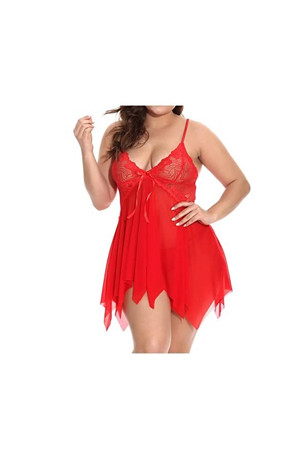 PANPANY Lingerie Maillage sous-vêtements Dentelle Femmes Taille Plus V col Pyjama Mode Débardeur Training Red, XXXXXL 