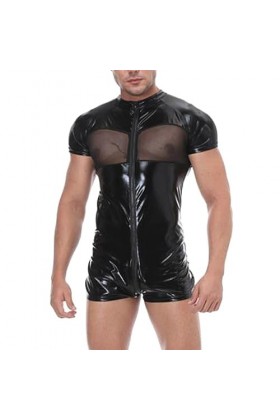 Caxndycing Maillot de corps pour homme effet mouillé avec fermeture éclair en cuir Ouvert Boxer Short Pantalon érotique Combi