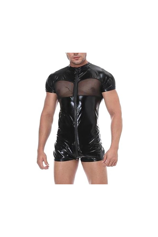 Caxndycing Maillot de corps pour homme effet mouillé avec fermeture éclair en cuir Ouvert Boxer Short Pantalon érotique Combi