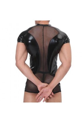 Caxndycing Maillot de corps pour homme effet mouillé avec fermeture éclair en cuir Ouvert Boxer Short Pantalon érotique Combi