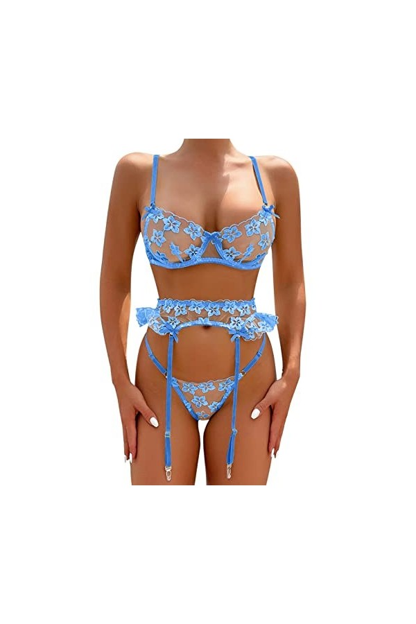 liaddkv Ensemble de lingerie sexy en dentelle pour femme avec bretelles Noir, bleu clair, M