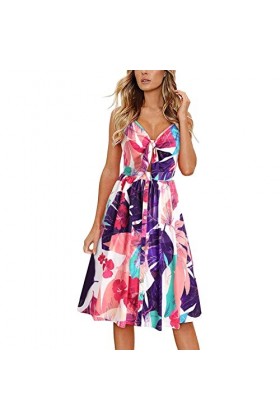 Robe Rouge Longue Robe dété sans Manches à Fleurs pour Femmes Robe Pink, S 