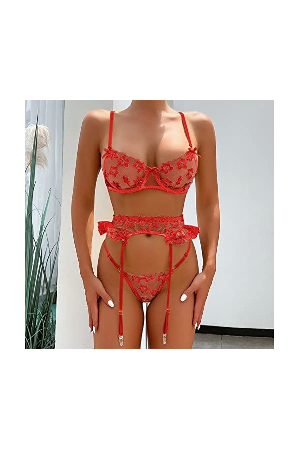liaddkv Ensemble de lingerie sexy en dentelle pour femme avec bretelles Noir, rouge, M