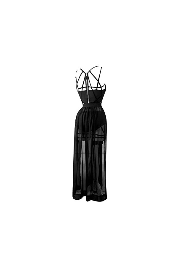 Robe sexy pour femme avec bretelles et jupe de coussin, Noir , XL
