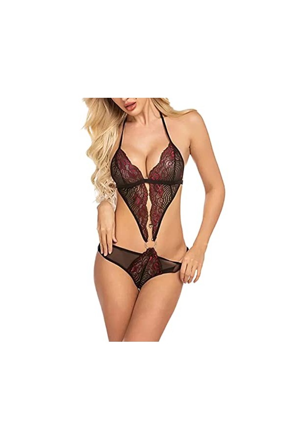JINZIJINYU Nuisette Sexy Femme Maille Perspective Dentelle Teint Sexy Pyjama Sexy Bouton À Trois Points Rouge M
