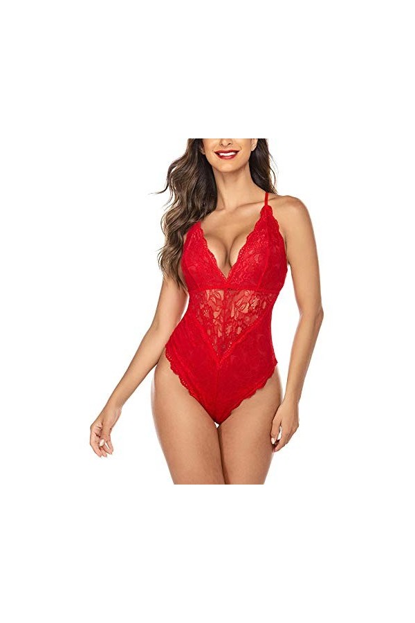 FNKDOR Lingerie Sexy pour Femmes Body et Combinaison Dos Nu en Dentelle avec Décolleté en V Sexy Teddy Lingerie Dos Nu sous-V