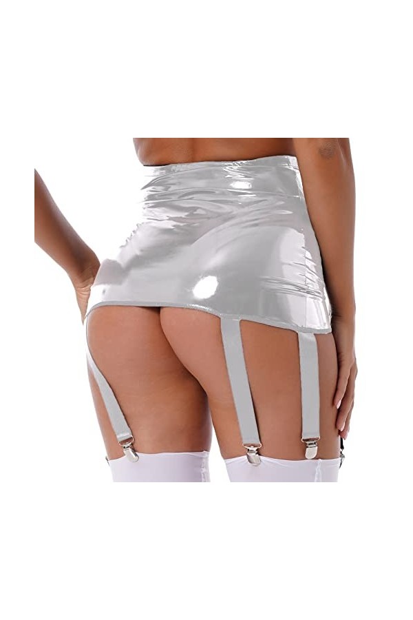 JEATHA Femme Mini Jupe Porte-Jarretelles Similicuir Métal Lingerie Jarretières 4 Sangles Wetlook Harnais Lingerie De Hot Dans