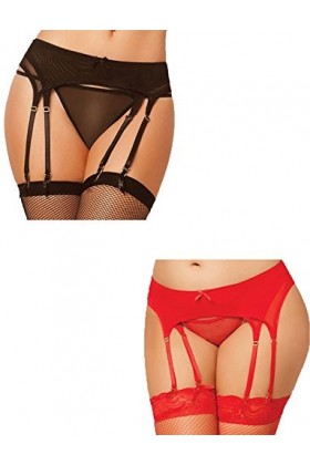 Yummy Bee - Porte-Jarretelle Deux Épaisseurs 8 Jarretière String Parure Lingerie Grande Taille 36-48 Rouge, 48 