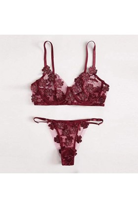 DUHGBNE Dentelle G-string Bralette Bustier Soutien-Gorge Sexy Fleurs Broderie Thong Rouge Sexy, Bordeaux, M