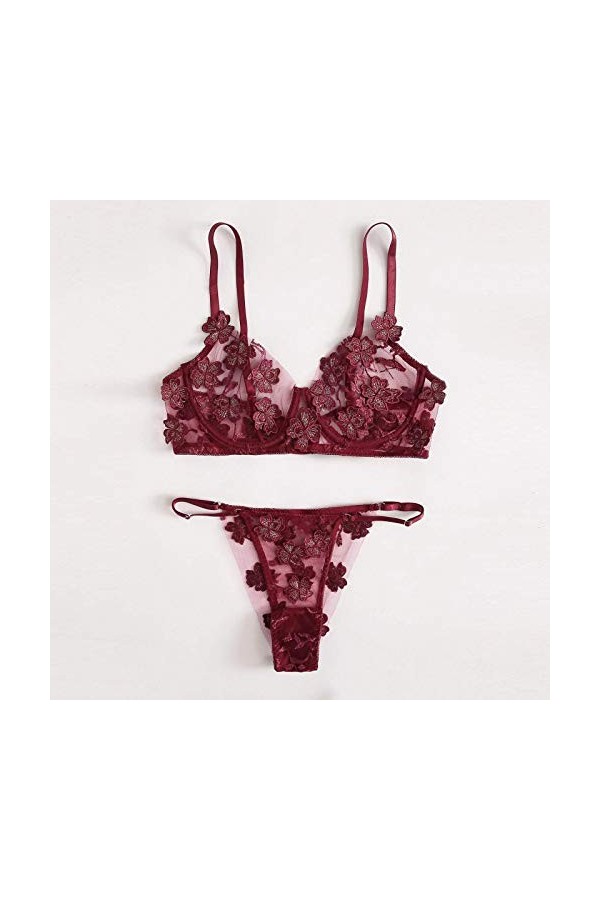 DUHGBNE Dentelle G-string Bralette Bustier Soutien-Gorge Sexy Fleurs Broderie Thong Rouge Sexy, Bordeaux, M