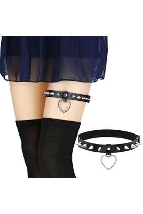 Greabuy Chaîne Cuisse en Cuir PU Ceinture Antidérapante Élastique avec Décor Cœur Harnais Accessoires Jambe Boîte Nuit pour F