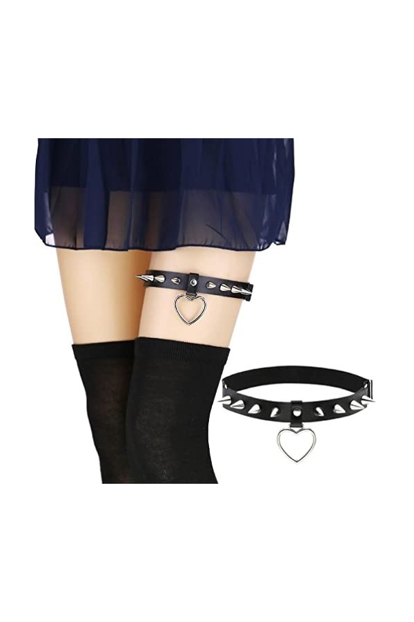 Greabuy Chaîne Cuisse en Cuir PU Ceinture Antidérapante Élastique avec Décor Cœur Harnais Accessoires Jambe Boîte Nuit pour F