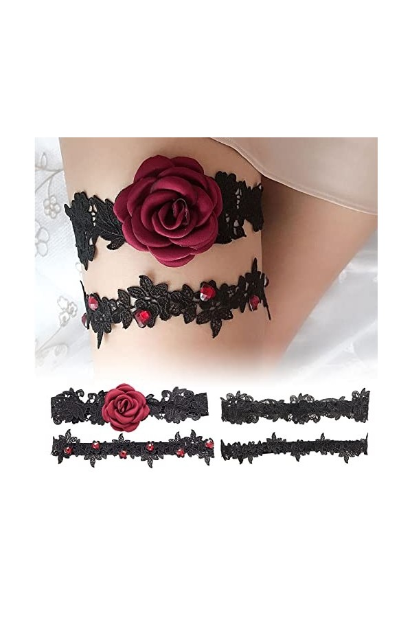 4 Pièces Jarretière de Mariage pour Mariées Noir, Jarretière de Jambe en Dentelle Florale Mariée, Jarretières Noires en Dente