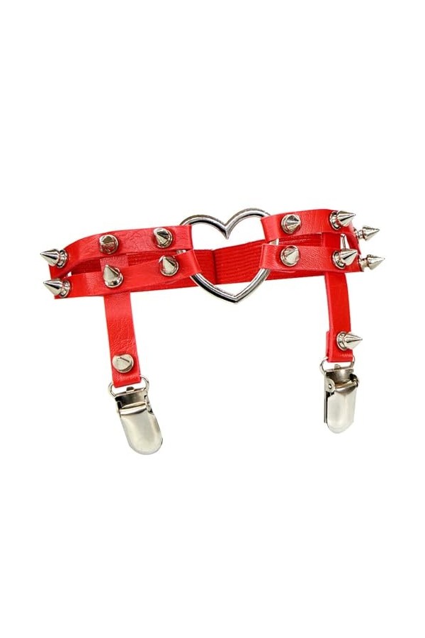 ELizoop Jarretelles en cuir synthétique PU Rivets à pointes anneau en forme de cœur chaîne de jambe élastique réglable jarret