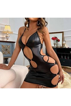 String Sexy Hot Femmes Mode découpé PU Robe Lingerie Taille Haute Dos Ouvert Ensemble de Lingerie Sexy sous-vêtements Entier