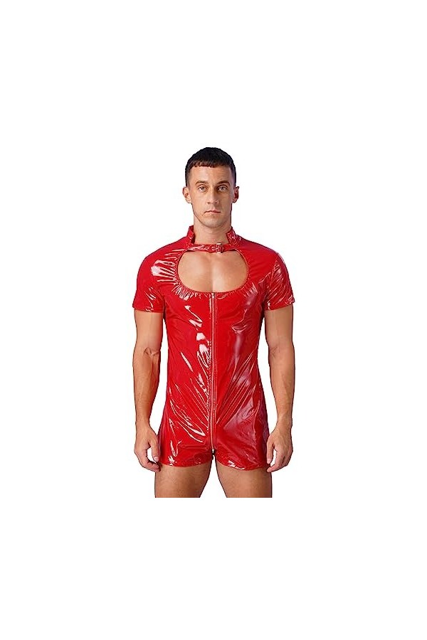 ranrann Body Homme Sexy String Ouvert Bodysuit Cuir Verni High Cut Combinaison Zipper Justaucorps Wetlook Lingerie Erotique J
