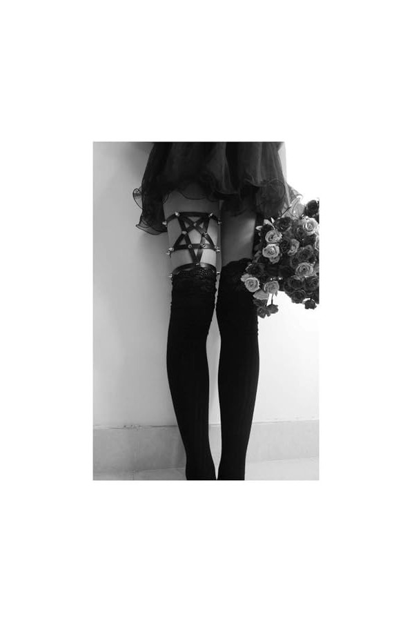 Black Sugar Unité Harnais Anneau Clous de Jambe en Cuir Double rangée Femme émotionnelle PU tête de Chat Pentagramme de Jambe