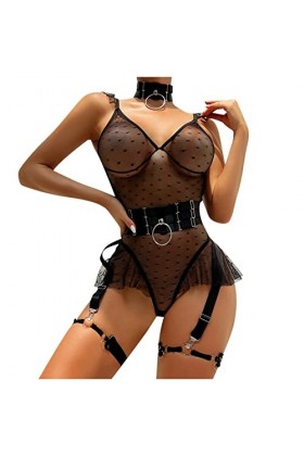 Body en Resille Teddy Lingerie pour Femmes,Ensemble de Lingerie Transparent Sexy en Tulle à Pois et Culotte à Satin Lanières 