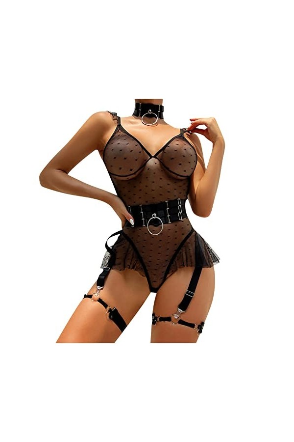 Body en Resille Teddy Lingerie pour Femmes,Ensemble de Lingerie Transparent Sexy en Tulle à Pois et Culotte à Satin Lanières 