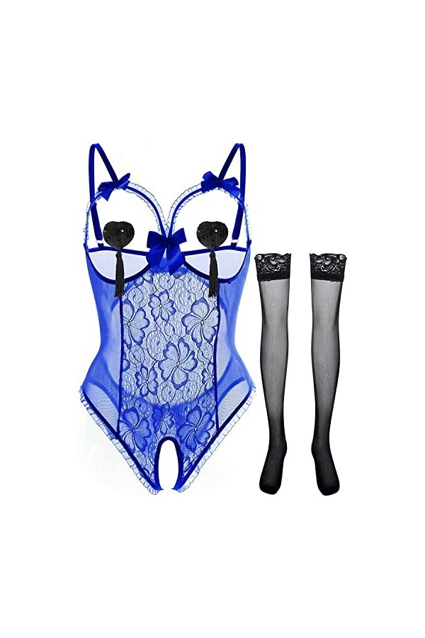 JFAN Femme Dentelle Ensemble de Lingerie Autocollants pour Les Seins Bas de Soie Chemises de Nuit 3 Pièces Bleu
