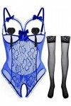 JFAN Femme Dentelle Ensemble de Lingerie Autocollants pour Les Seins Bas de Soie Chemises de Nuit 3 Pièces Bleu