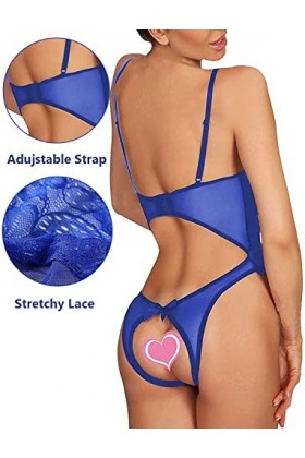 JFAN Femme Dentelle Ensemble de Lingerie Autocollants pour Les Seins Bas de Soie Chemises de Nuit 3 Pièces Bleu