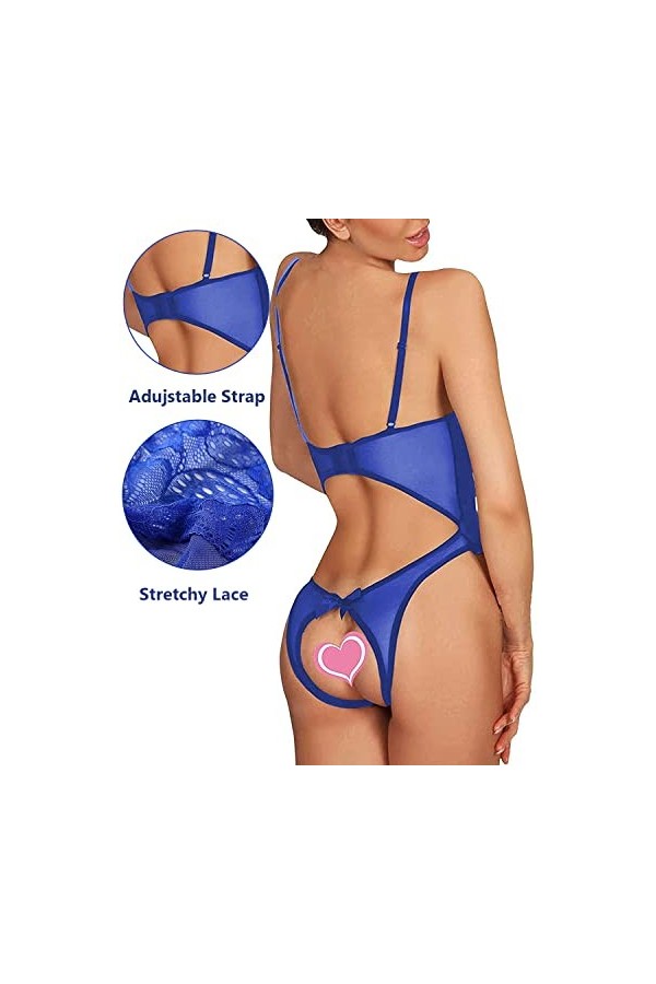 JFAN Femme Dentelle Ensemble de Lingerie Autocollants pour Les Seins Bas de Soie Chemises de Nuit 3 Pièces Bleu