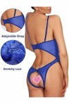 JFAN Femme Dentelle Ensemble de Lingerie Autocollants pour Les Seins Bas de Soie Chemises de Nuit 3 Pièces Bleu