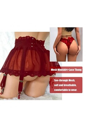 Mini Jupe Maille Sexy Femme avec Porte-Jarretelles et String Culotte Dentelle,Robe Courte Lingerie Nuisette Transparente Tail