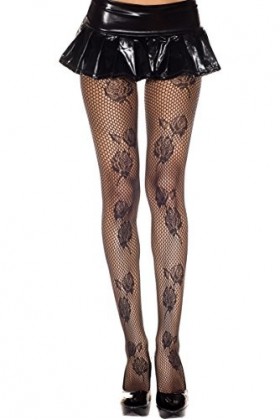 Music Legs MH50009BLKOS Collant Fantaisie Résille Motifs Fleuris Taille Unique