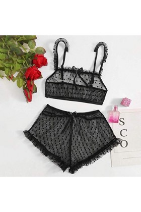 DUHGBNE Lingerie sexy en dentelle avec string et collier de perles, Noir , M