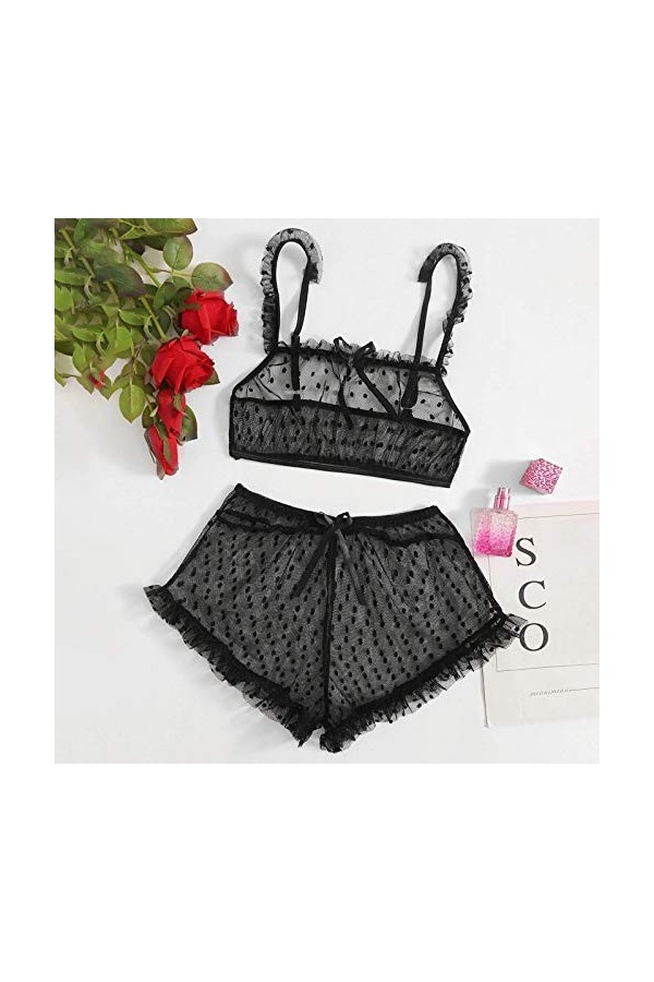 DUHGBNE Lingerie sexy en dentelle avec string et collier de perles, Noir , M