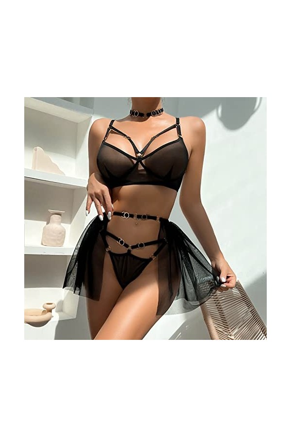 Ensemble de Lingerie Sexy Jarretière avec Porte Jarretelles Dentelle Brassière et G-String Vetements Cuisse Jarretière Jarret