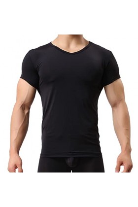 T-shirt à manches courtes en soie glacée pour homme - Ultra mince - Translucide - Mode dété - Haut sculptant - Vêtement din