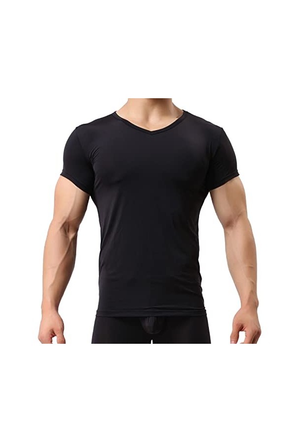 T-shirt à manches courtes en soie glacée pour homme - Ultra mince - Translucide - Mode dété - Haut sculptant - Vêtement din