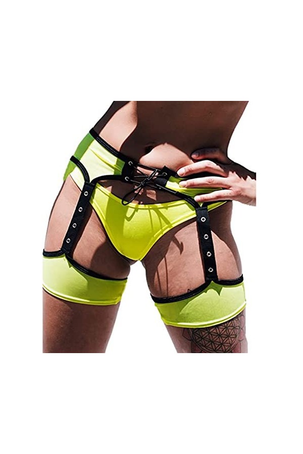 Qtinghua Short sexy pour femme - Taille haute - Patchwork à nouer - Entrejambe ouverte - Porte-jarretelles - Découpe fantaisi