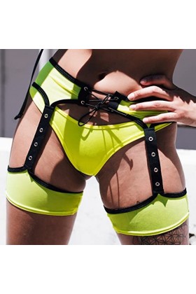 Qtinghua Short sexy pour femme - Taille haute - Patchwork à nouer - Entrejambe ouverte - Porte-jarretelles - Découpe fantaisi