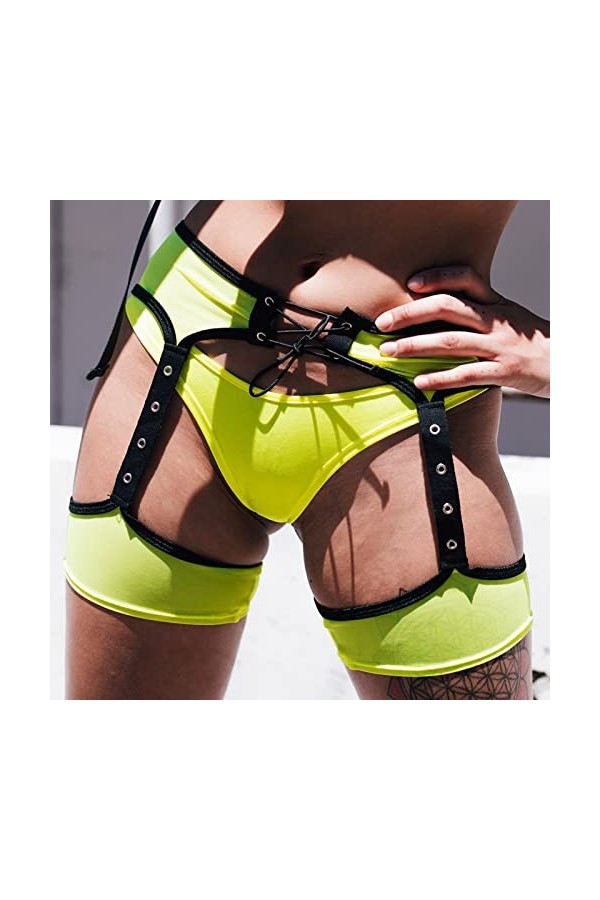 Qtinghua Short sexy pour femme - Taille haute - Patchwork à nouer - Entrejambe ouverte - Porte-jarretelles - Découpe fantaisi