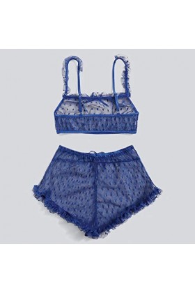 DUHGBNE Lingerie sexy en dentelle avec string et collier de perles, bleu, L