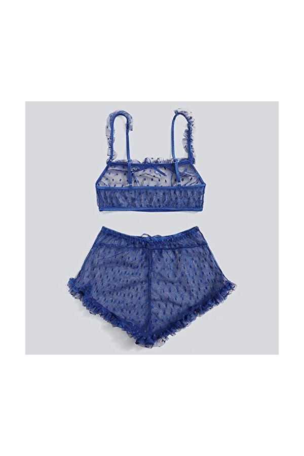 DUHGBNE Lingerie sexy en dentelle avec string et collier de perles, bleu, L