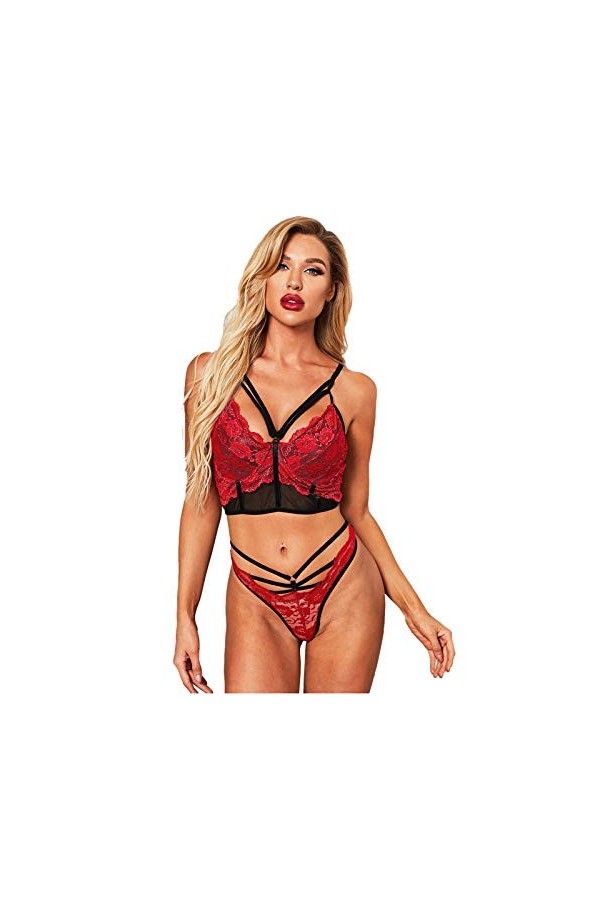 ZHIYU Ensemble de broderie sexy pour femme - Ensemble de 2 pièces - Sous-vêtements sexy pour la Saint-Valentin, rouge, S
